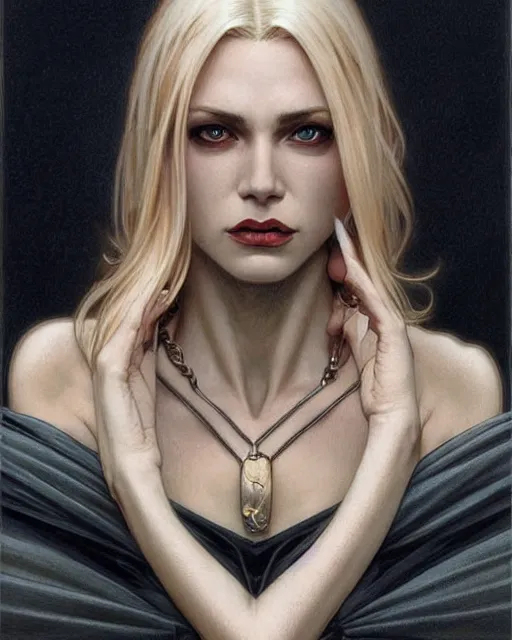 Image similar to portrait of a blonde vampire, dark, piercing eyes, gentle expression, elegant clothing, photorealistic, highly detailed, artstation, smooth, sharp focus, art by michael whelan, artgerm, greg rutkowski and alphonse mucha