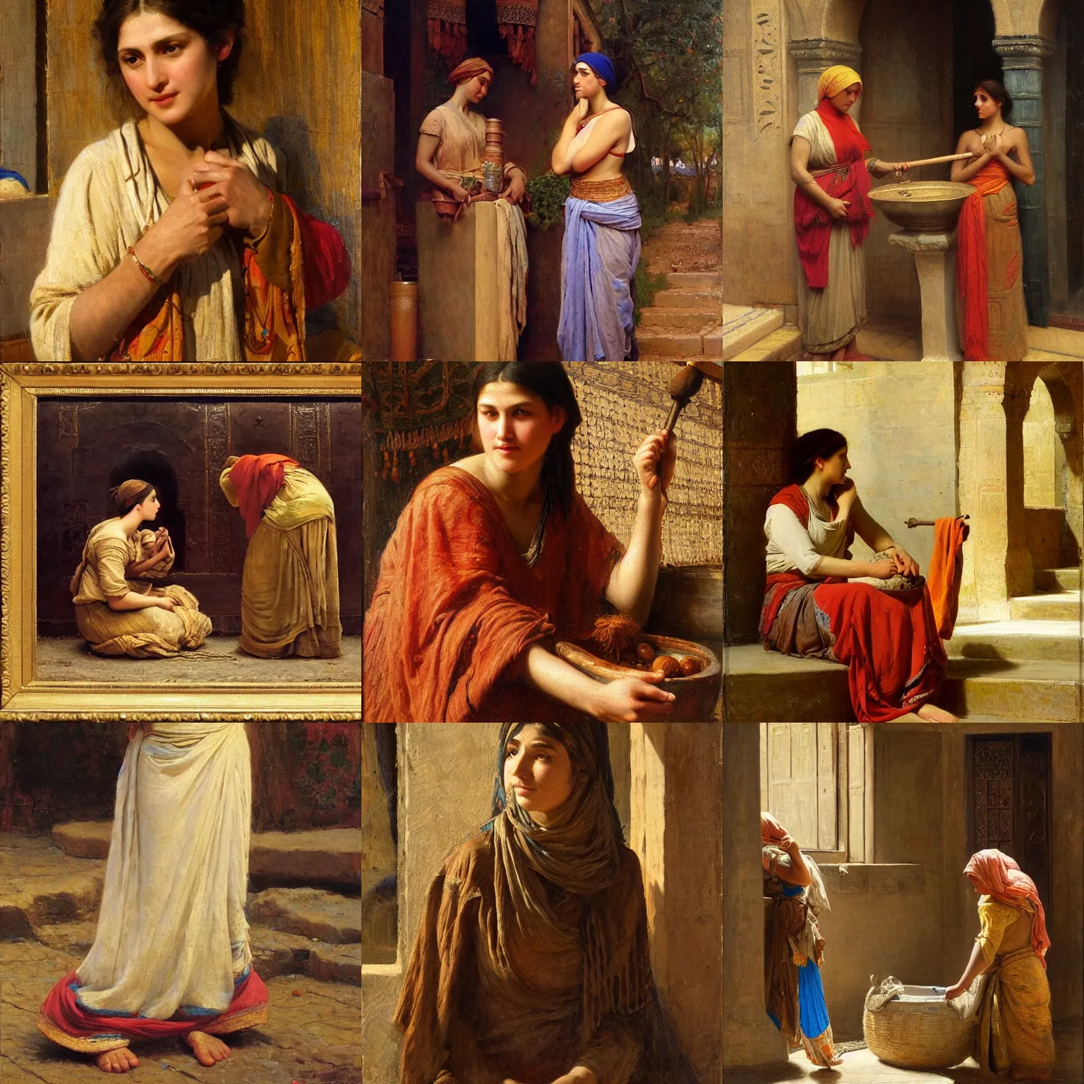 Prompt: orientalism painting of a washerwoman by edwin longsden long and theodore ralli and nasreddine dinet and adam styka, masterful intricate art. oil on canvas, excellent lighting, high detail 8 k