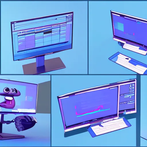 Image similar to a cute blue colored gopher with blue fur programming on multiple monitors displaying many spreadsheets, digital art, 3 d render, octane, post - processing