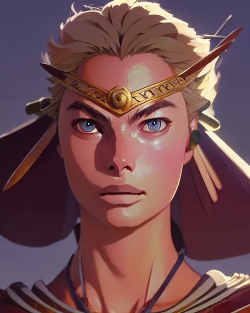 Image similar to azctec warrior, margot robbie, detailed perfect face, exquisite details, fire magic, mid view, design on a white background, by studio muti, greg rutkowski makoto shinkai takashi takeuchi studio ghibli