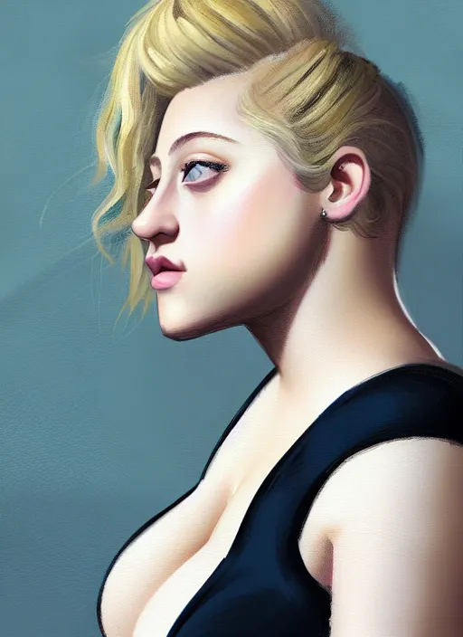 Image similar to full body portrait, teenage lili reinhart, blonde hair, obese, bangs, ponytail, sultry, realistic, sultry, fluffy bangs, shirt, curly bangs, fat, belly, intricate, elegant, highly detailed, digital painting, artstation, concept art, smooth, sharp focus, illustration, art by wlop, mars ravelo and greg rutkowski