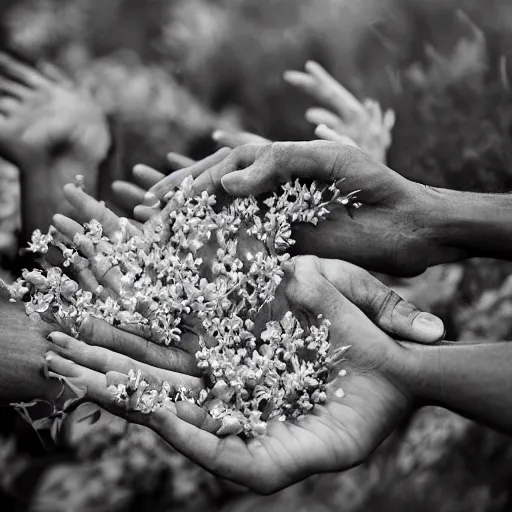 Prompt: a thousand of hands touching flowers, by benjamin bjorklund. Dark and atmospheric