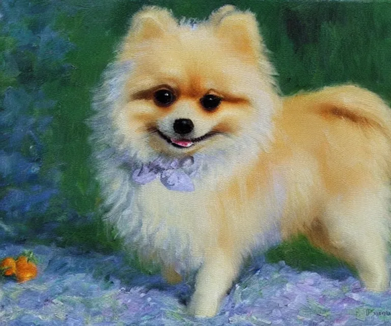 Image similar to pomeranian, cute, monet, oil painting