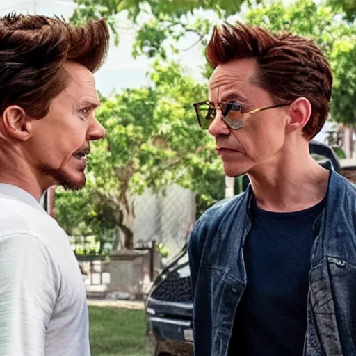 Prompt: tom holland looking at robert downey jr