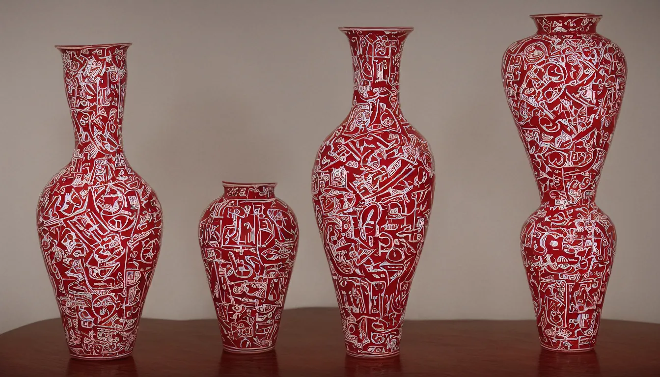 Image similar to beautiful red and white vase covered in occult glyphs that are glowing with a malevolent energy