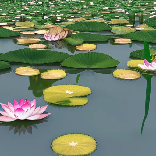 Prompt: lotus pond by Aya Takano as 3d octane render, raytrace, reflections