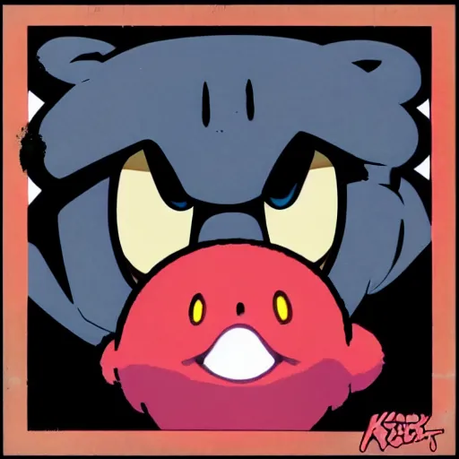 Image similar to Kirby in the deep darkness staring at you with shining red eyes, found footage