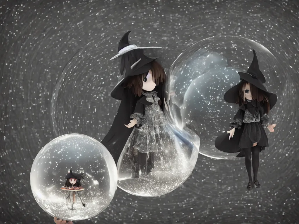 Prompt: cute fumo plush girl witch gazes into a giant crystal ball, gothic pagan goddess soothsayer, ritual magic, distorted glass, anime, vray