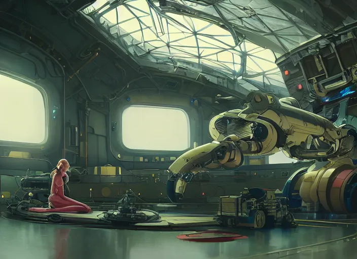 Image similar to a pretty robot mechanic woman and her alien space cat sleeping in a spaceport hangar in a space opera x cyberpunk ghibli animated film, volumetric lighting, octane render by stanley artgerm lau, greg rutkowski, thomas kindkade, alphonse mucha, loish, norman rockwel, highly detailed