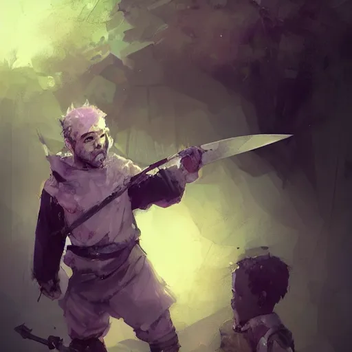 Image similar to duergar male child character portrait with pale purple skin, by Ismail Inceoglu, shabby clothes, leather pouch, wielding knife, grinning, youthful, dungeons and dragons, digital art, art