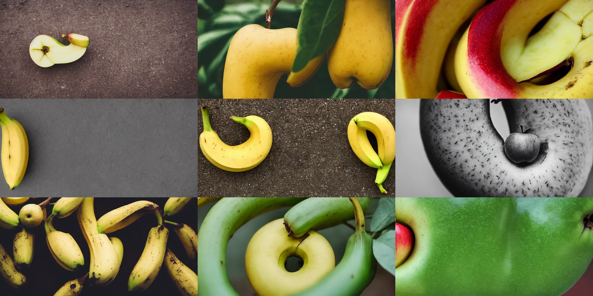 Prompt: apple shaped like a banana, close up shot, photography