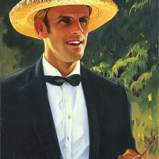 Image similar to a portrait of emmanuel macron wearing a straw hat in a scenic environment by j. c. leyendecker