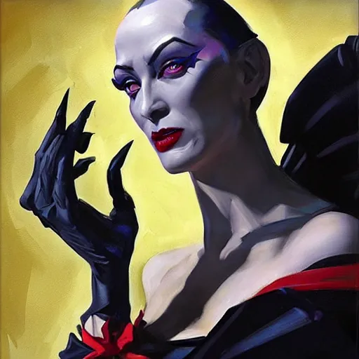 Prompt: greg manchess portrait painting of partially armored morticia from addams family as overwatch character, medium shot, asymmetrical, profile picture, organic painting, sunny day, matte painting, bold shapes, hard edges, street art, trending on artstation, by huang guangjian and gil elvgren and brom