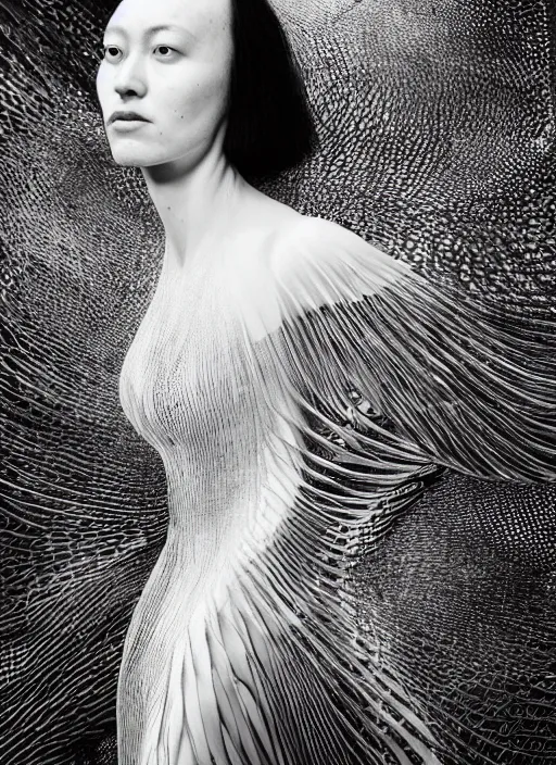 Prompt: a portrait of beautiful model tessa kuragi wearing iris van herpen dress, by serge lutens, photorealistic, intricate details, hyper realistic, photorealistic, canon r 3, photography, symmetrical features, symmetrical pose, wide angle shot, head to toe, standing pose, feet on the ground,