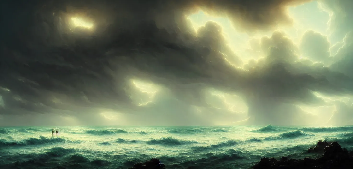 Prompt: storm at ocean, detailed, concept art, high detail, warm lighting, volumetric, godrays, vivid, beautiful, trending on artstation, by jordan grimmer, huge scene, grass, art greg rutkowski