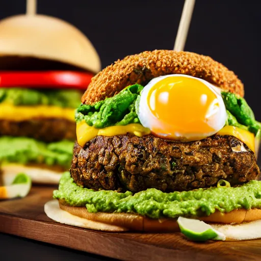 Prompt: juicy vegan hamburger topped with guacamole and crispy fried onion and a fried egg, crispy buns, 8 k resolution, professional food photography, studio lighting, sharp focus, hyper - detailed