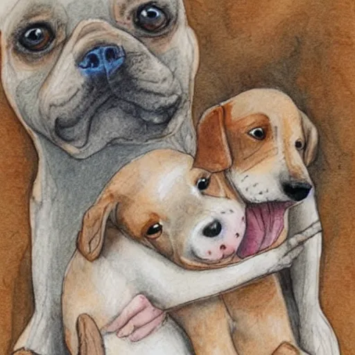 Prompt: detailed whimsical pencil and watercolor illustration of a mommy dog and a daddy dog hugging their puppy with all dogs eyes shut and happy expressions
