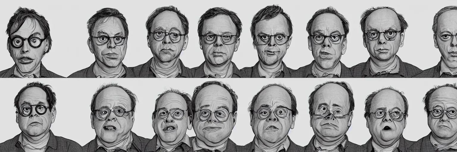 Prompt: character study of todd solondz and steve buscemi and danny devito, 2 0 2 2, clear faces, emotional, character sheet, fine details, concept design, contrast, kim jung gi, pixar and da vinci, trending on artstation, 8 k, full body and head, turnaround, front view, back view, ultra wide angle