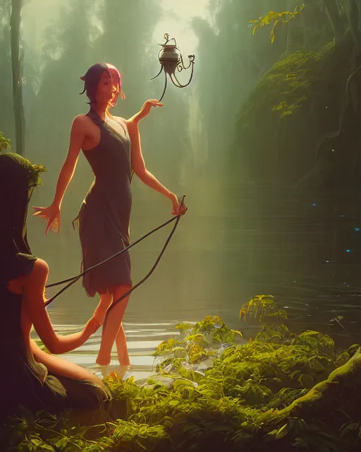 Image similar to highly detailed vfx portrait of a witch casting water magic, unreal engine, greg rutkowski, loish, rhads, beeple, makoto shinkai and lois van baarle, ilya kuvshinov, rossdraws, tom bagshaw, alphonse mucha, global illumination, detailed and intricate environment