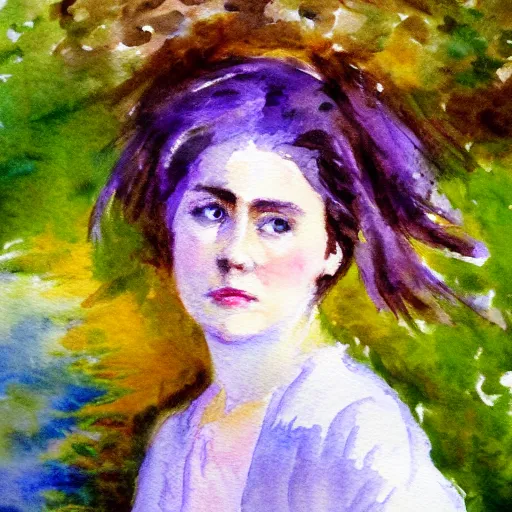Image similar to molly sanden, watercolor, in the style of claude monet, beautiful face, award winning, hd, 4 k, purple, blue
