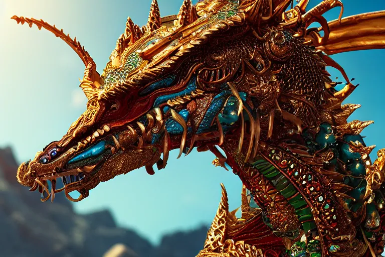 Image similar to cinematic closeup portrait of a golden dragon intricately decorated with colorful jewels, bokeh, sand dunes, detailed textures, dramatic lighting, unreal engine, cgsociety, artstation, 4k