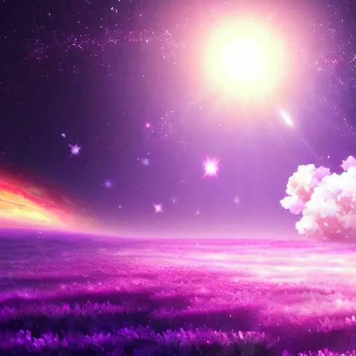 Image similar to anime style hd wallpaper of outer space horizon of a planet, glittering stars scattered about, lavender and pink colors