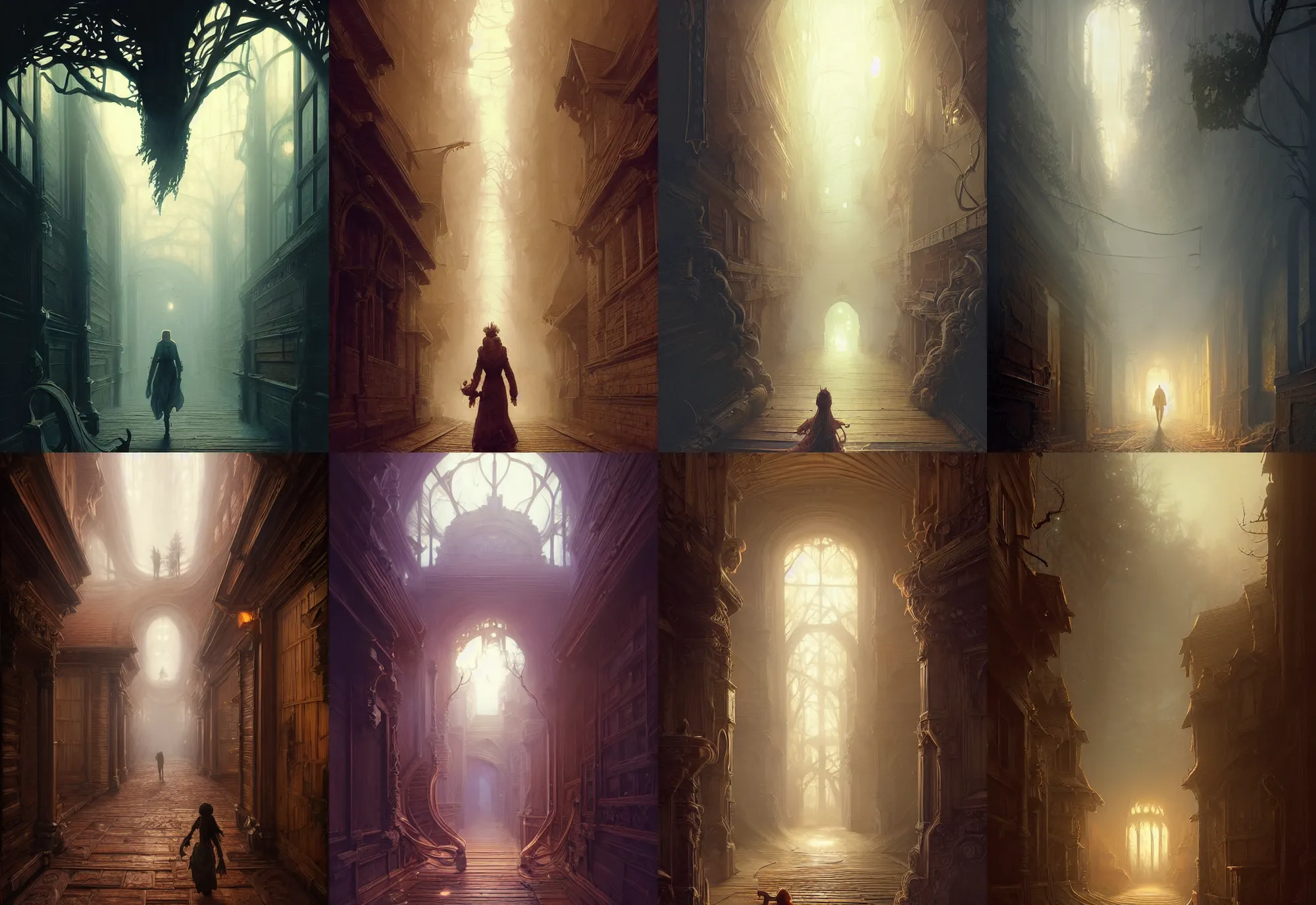 Prompt: highly detailed old wood corridor, swirls of smoke in the background, stephen bliss, unreal engine, fantasy art by greg rutkowski, loish, rhads, ferdinand knab, makoto shinkai and lois van baarle, ilya kuvshinov, rossdraws, tom bagshaw, alphonse mucha, global illumination, radiant light, detailed and intricate environment