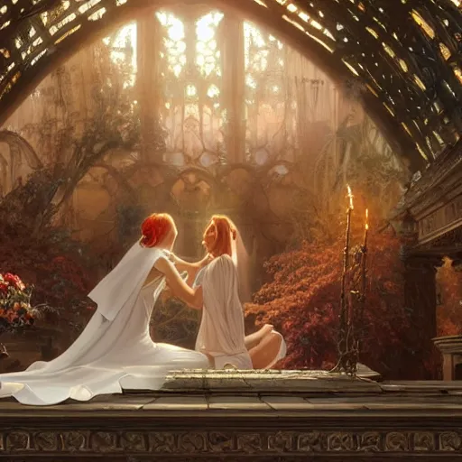 Image similar to a beautiful and detailed matte painting of a lesbian wedding between evil pyromancer and a red mage, unholy union, white church background, god rays, sharp focus, highly detailed, cinematic lighting, 8 k, smooth render, vector illustration, award winning, by adolf hiremy - hirschl and greg rutkowski and alphonse mucha