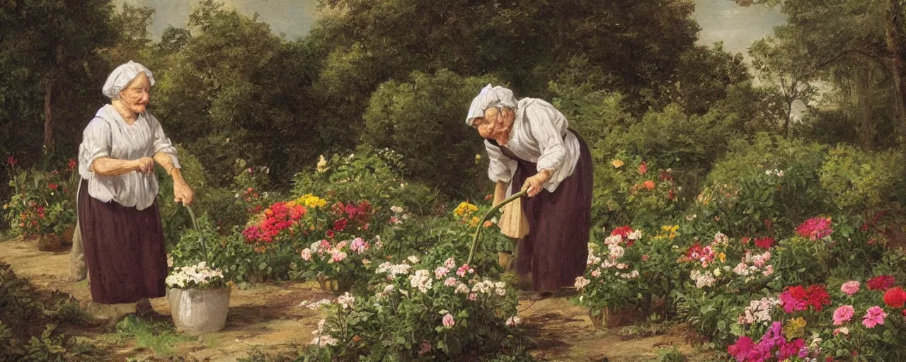 Prompt: a very old woman taking care of her flowers in the garden, 1800 picture style