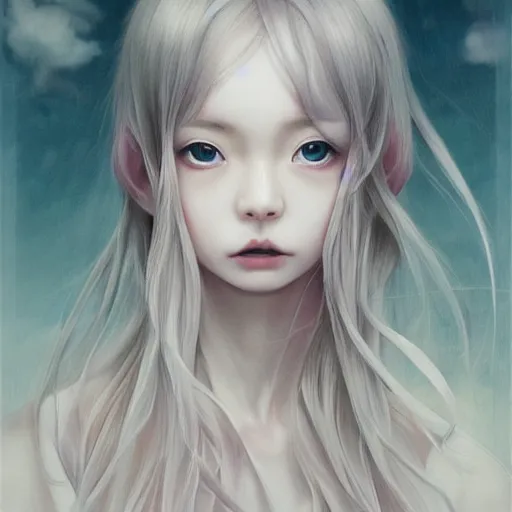 Image similar to Portrait 🍔💀 by Miho Hirano, Ross Tran and Ilya Kuvshinov, realistic, detailed, white, light pink tonalities, beautiful collage technique including flora, sea, wind, ornate sea background, beautiful Fantasy detailed trending on artstation, oil painting,Dramatic lighting, eterea , high quality print, fine art with subtle redshift rendering