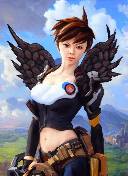 Image similar to oil painting of tracer overwatch in the style of sophie anderson, on knees, angel wings, black outfit,