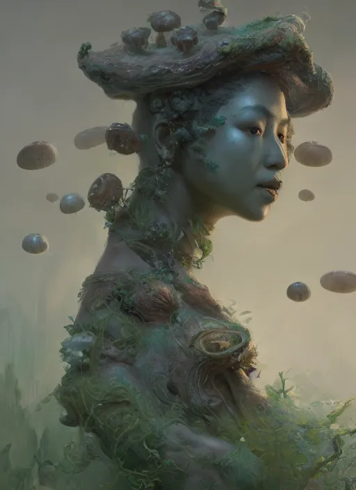 Image similar to Head of a forgotten Deity, translucent mushrooms, moss, extremly detailed digital painting, in the style of Fenghua Zhong and Ruan Jia and jeremy lipking and Peter Mohrbacher, mystical colors, rim light, beautiful lighting, 8k, stunning scene, raytracing, octane, trending on artstation