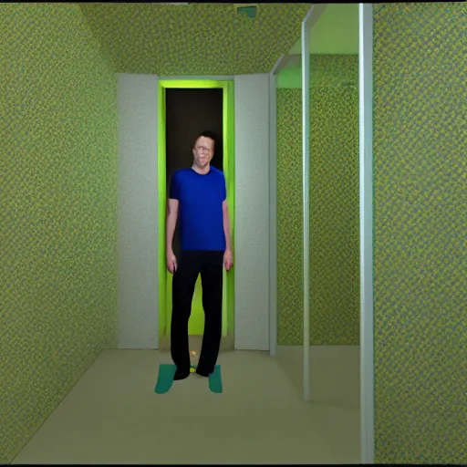 Image similar to 3 d render of jerma 9 8 5, jerma in a liminal space, non - euclidean space, endless halls of an office space, worn mono - yellow 7 0 s wallpaper, old moist carpet, inconsistently - placed fluorescent lighting, high octane, blender, 3 d render