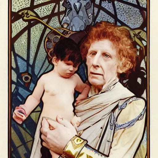 Image similar to baby gamorian guard being looked after by tom baker dr who, alphonse mucha