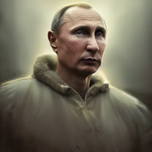 Image similar to hyperrealistic mixed media high resolution painting of a Vladimir Putin, stunning 3d render inspired art by István Sándorfi and Greg Rutkowski, perfect symmetry, dim volumetric lighting, 8k octane beautifully detailed render, post-processing, extremely hyper-detailed, intricate, epic composition, highly detailed attributes, highly detailed atmosphere, cinematic lighting, masterpiece, trending on artstation, very very detailed, masterpiece, stunning, flawless structure, lifelike texture, perfection,