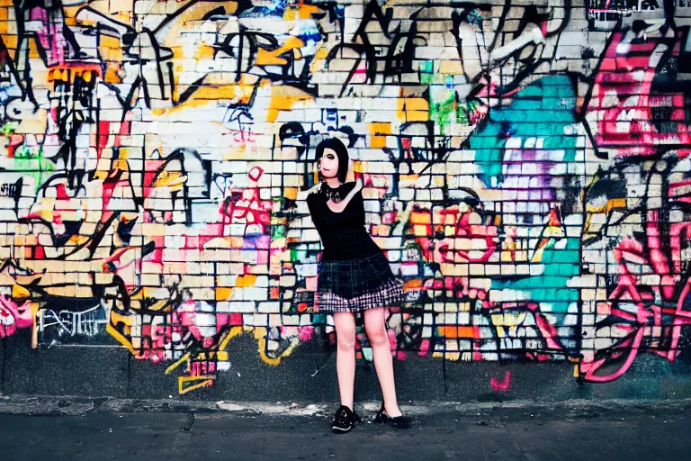 Prompt: full body portrait of a young punk woman leaning against the wall in an alley, sharp focus and high detail face, short asymmetrical crop top, plaid skirt, graffiti covered walls, rubbish strewn on the ground, ghetto, award winning times magazine photography,