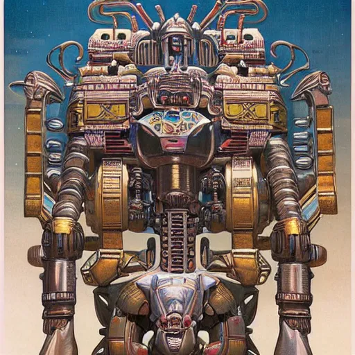 Prompt: elaborate mayan art deco mecha by j. c. leyendecker, barlowe, makoto kobayashi, and beksinski