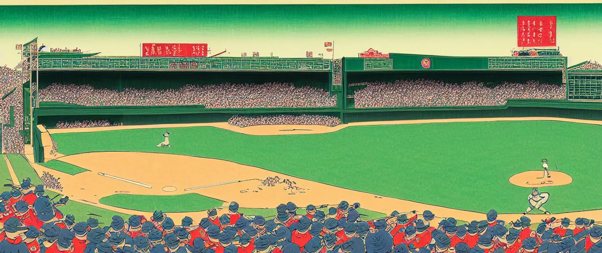 Image similar to ukiyo - e portrait of the green monster, fenway park