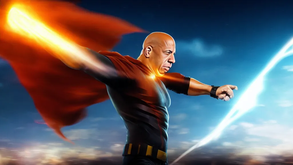 Prompt: extreme wide shot of vin diesel as saitama!!! throwing!!! a car!!!!!!!!!! into space, ultra realistic, lens flare, atmosphere, glow, detailed, intricate, full of colour, cinematic lighting, trending on artstation, 4 k, hyperrealistic, focused, extreme details, unreal engine 5, cinematic, masterpiece