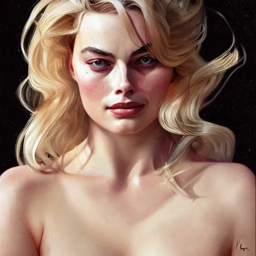 Image similar to A full portrait of Margot Robbie, intricate, elegant, highly detailed, digital painting, artstation, concept art, smooth, sharp focus, illustration, art by Krenz Cushart and bouguerea and alphonse mucha