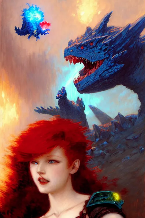 Image similar to red haired vampire maid, pointing accusingly at a small blue godzilla wearing a rainbow coloured propeller hat portrait dnd, painting by gaston bussiere, craig mullins, greg rutkowski, yoji shinkawa