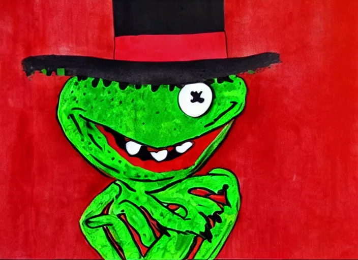 Prompt: freddy krueger as kermit the frog, happy face. long shot, happy colors, by hermann nitsch and hermann nitsch, high detail