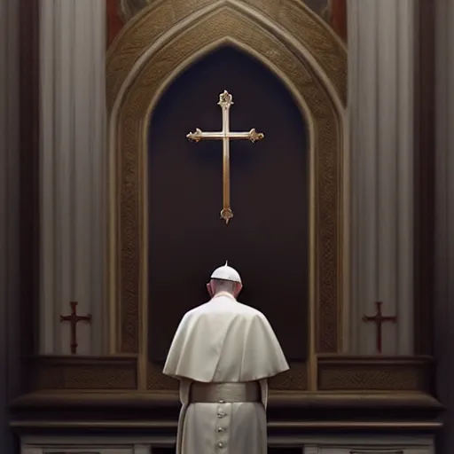 Image similar to pope john paul ii standing ina curch, digital painting, greg rutkowski, artstation, cinematic, matte painting