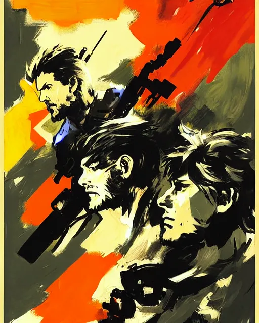 Prompt: Metal gear V Solid Snake by Ashley Wood, Yoji Shinkawa, Jamie Hewlett, 60's French movie poster, French Impressionism, vivid colors, palette knife and brush strokes, Dutch tilt