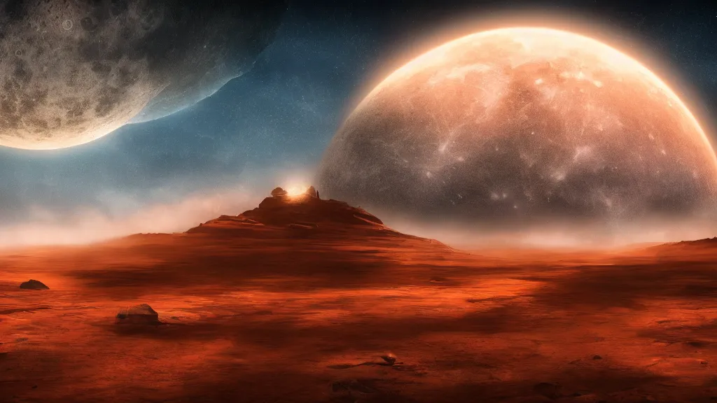 Prompt: a lanscape of an alien planet. sunset, full moon, cinematic composition, cinematic lighting, photo realistic, ultra detailled, foundation, star wars, dune, landscape, magnificent, 4 k, 8 k