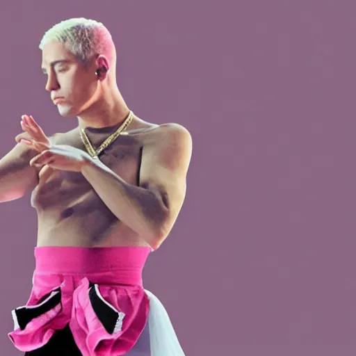 Prompt: detailed Eminem dancing in a ballet with a pink tutu