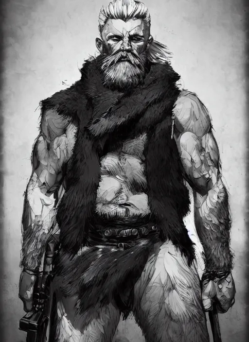 Prompt: Full body portrait of an old muscular man with blonde hair and beard wearing bear skin. In style of Yoji Shinkawa and Hyung-tae Kim, trending on ArtStation, dark fantasy, great composition, concept art, highly detailed.