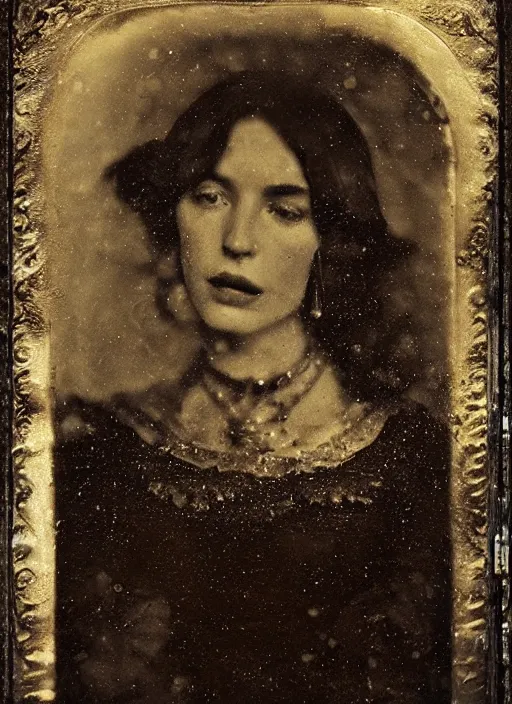 Image similar to old wetplate daguerreotype elegant pretty portrait with explosion of data fragments, fractal, intricate, elegant, highly detailed, parallax, leica, medium format, subsurface scattering, by jheronimus bosch and greg rutkowski and louis jacques mande daguerre