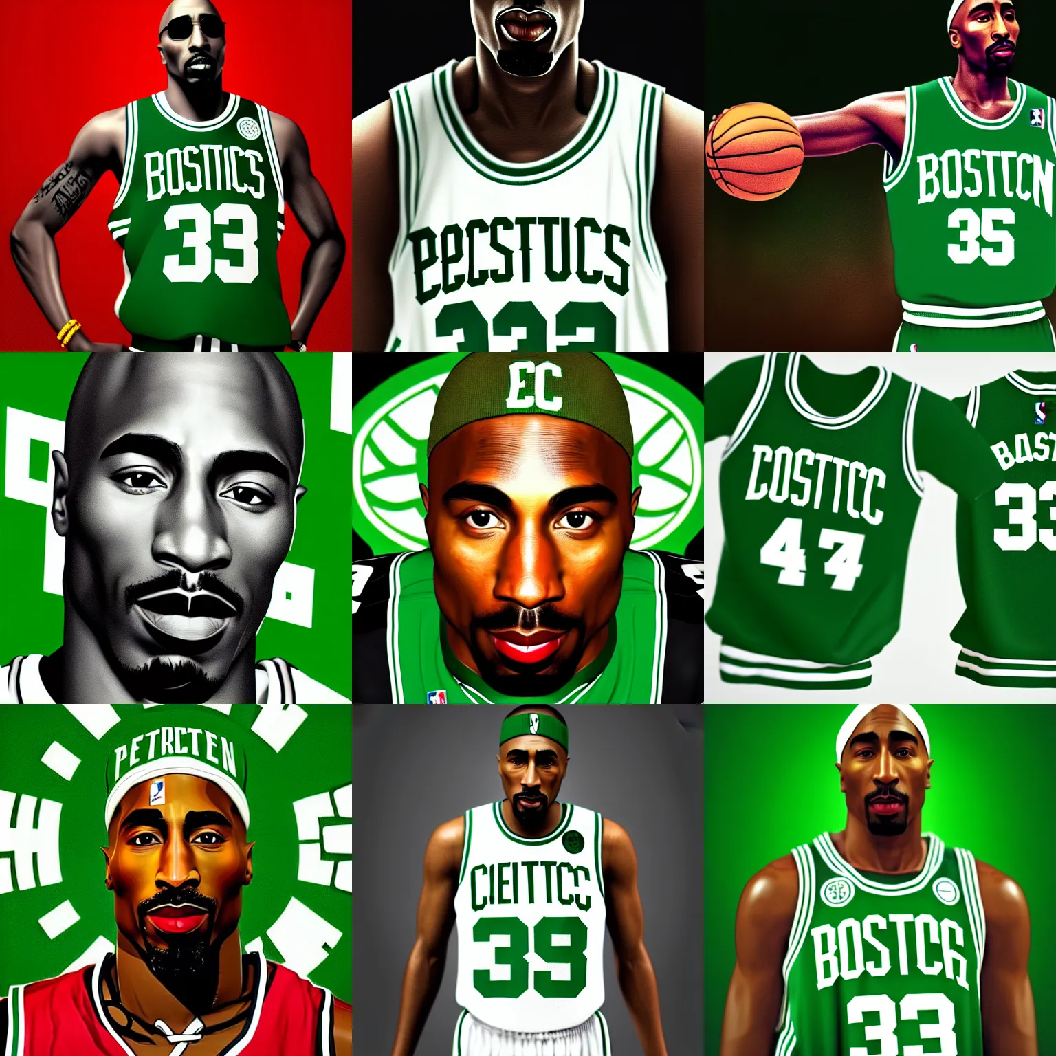 Image similar to portrait of tupac shakur, boston celtics jersey number 3 4, green, white, cartoon digital art, oil on canvas, trending on artstation, octane render