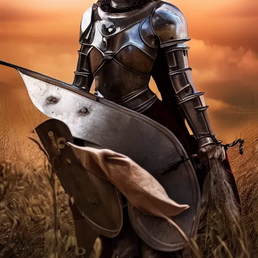 Image similar to a beautiful girl medieval knight in armor full view cinematic, high octane, 4 k